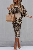 Black Sexy Print Patchwork Oblique Collar One Step Skirt Dresses
