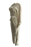 Pink Fashion Casual Solid Hollowed Out O Neck Long Sleeve Three-piece Set
