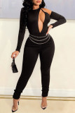 Burgundy Fashion Sexy Solid Hollowed Out O Neck Skinny Jumpsuits (Without Waist Chain)