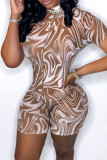 Khaki Fashion Casual Print Basic Turtleneck Long Sleeve Skinny Romper