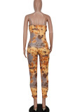 Khaki Sexy Print Hollowed Out Patchwork Backless Spaghetti Strap Sleeveless Two Pieces