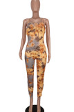 Khaki Sexy Print Hollowed Out Patchwork Backless Spaghetti Strap Sleeveless Two Pieces