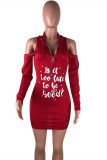 Red Fashion Casual Letter Print Hollowed Out Hooded Collar Long Sleeve Dresses