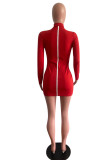 Red Fashion Casual Solid Patchwork O Neck Long Sleeve Dresses