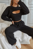 Pink Fashion Casual Solid Hollowed Out O Neck Long Sleeve Three-piece Set
