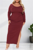 Black Fashion Casual Solid Slit O Neck Long Sleeve Dresses