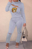 Red Fashion Casual Print Hollowed Out Patchwork Zipper Half A Turtleneck Long Sleeve Two Pieces