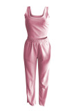 Pink Fashion Casual Solid Hollowed Out O Neck Long Sleeve Three-piece Set