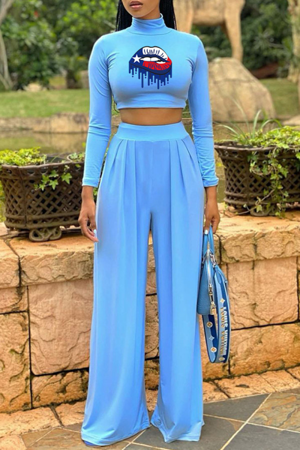 Light Blue Fashion Casual Lips Printed Basic Turtleneck Long Sleeve Two Pieces