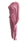 Pink Fashion Casual Solid Hollowed Out O Neck Long Sleeve Three-piece Set