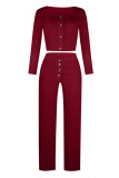 Burgundy Fashion Casual Solid Buttons Square Collar Long Sleeve Two Pieces
