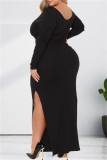 Black Fashion Casual Solid Slit O Neck Long Sleeve Dresses
