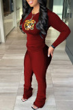 Red Fashion Casual Print Basic O Neck Long Sleeve Two Pieces