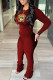 Red Fashion Casual Print Basic O Neck Long Sleeve Two Pieces