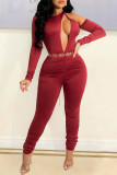 Burgundy Fashion Sexy Solid Hollowed Out O Neck Skinny Jumpsuits (Without Waist Chain)