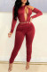 Burgundy Fashion Sexy Solid Hollowed Out O Neck Skinny Jumpsuits (Without Waist Chain)
