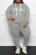 Grey Casual Print Patchwork Hooded Collar Plus Size Two Pieces