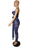Blue Fashion Sexy Print Bandage See-through Backless Sleeveless Two Pieces