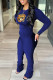 Deep Blue Fashion Casual Print Basic O Neck Long Sleeve Two Pieces