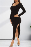 Black Fashion Casual Solid Slit O Neck Long Sleeve Dresses