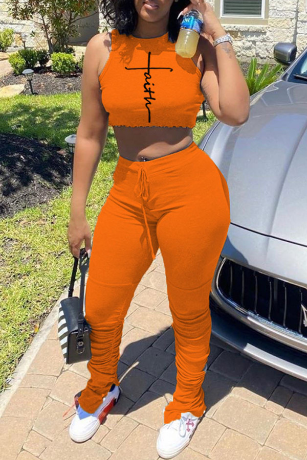 Orange Fashion Casual Print Slit Fold Pants O Neck Sleeveless Two Pieces