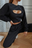 Pink Fashion Casual Solid Hollowed Out O Neck Long Sleeve Three-piece Set