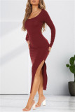 Black Fashion Casual Solid Slit O Neck Long Sleeve Dresses