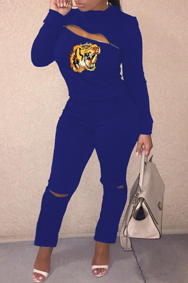 Deep Blue Fashion Casual Print Hollowed Out Patchwork Zipper Half A Turtleneck Long Sleeve Two Pieces