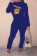 Deep Blue Fashion Casual Print Hollowed Out Patchwork Zipper Half A Turtleneck Long Sleeve Two Pieces