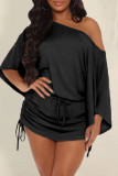 Light Blue Fashion Casual Solid Draw String Frenulum Oblique Collar Dresses