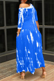 Sky Blue Fashion Print Basic O Neck Irregular Dress
