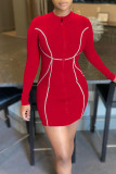 Red Fashion Casual Solid Patchwork O Neck Long Sleeve Dresses