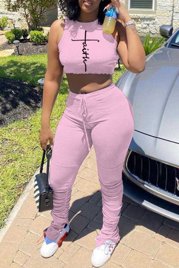 Pink Fashion Casual Print Slit Fold Pants O Neck Sleeveless Two Pieces