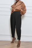 Black Fashion Casual Solid Basic Regular High Waist Pleated Trousers