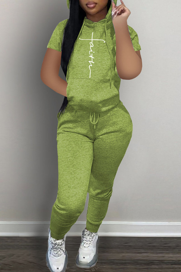 Green Casual Print Patchwork Hooded Collar Short Sleeve Two Pieces