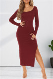 Black Fashion Casual Solid Slit O Neck Long Sleeve Dresses
