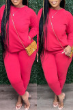 Red Fashion Casual Solid Basic O Neck Long Sleeve Two Pieces