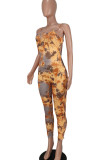 Khaki Sexy Print Hollowed Out Patchwork Backless Spaghetti Strap Sleeveless Two Pieces