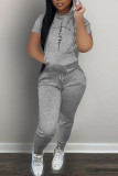 Grey Casual Print Patchwork Hooded Collar Short Sleeve Two Pieces