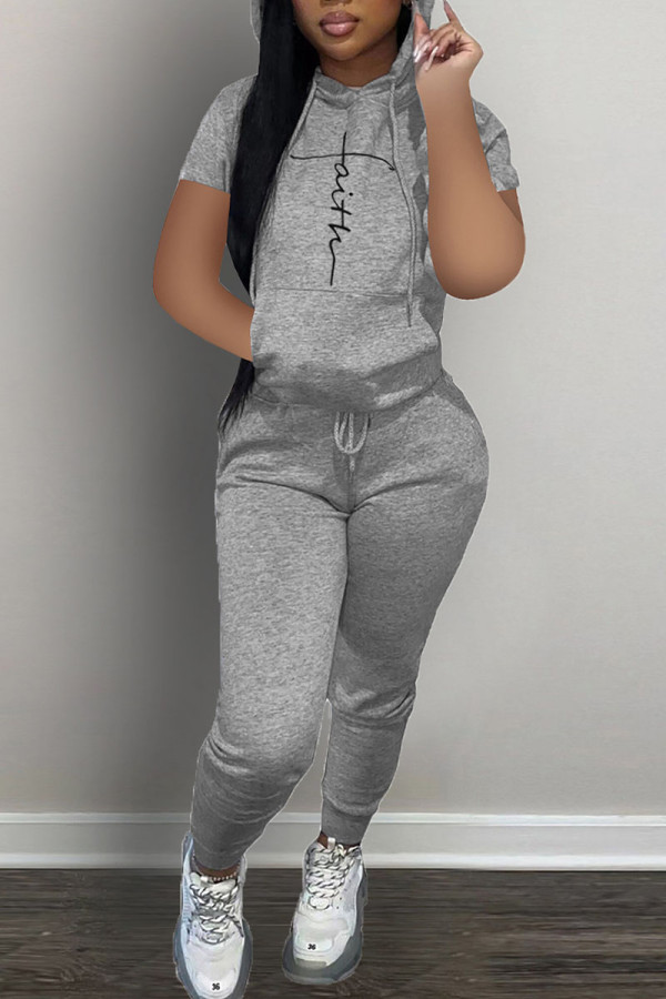 Grey Casual Print Patchwork Hooded Collar Short Sleeve Two Pieces