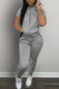 Grey Casual Print Patchwork Hooded Collar Short Sleeve Two Pieces