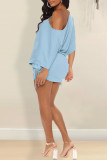 Light Blue Fashion Casual Solid Draw String Frenulum Oblique Collar Dresses