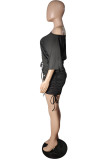 Light Blue Fashion Casual Solid Draw String Frenulum Oblique Collar Dresses