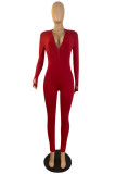 Red Fashion Casual Solid Basic Zipper Collar Skinny Jumpsuits