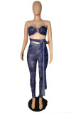 Blue Fashion Sexy Print Bandage See-through Backless Sleeveless Two Pieces
