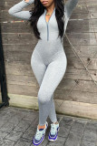 Red Fashion Casual Solid Basic Zipper Collar Skinny Jumpsuits
