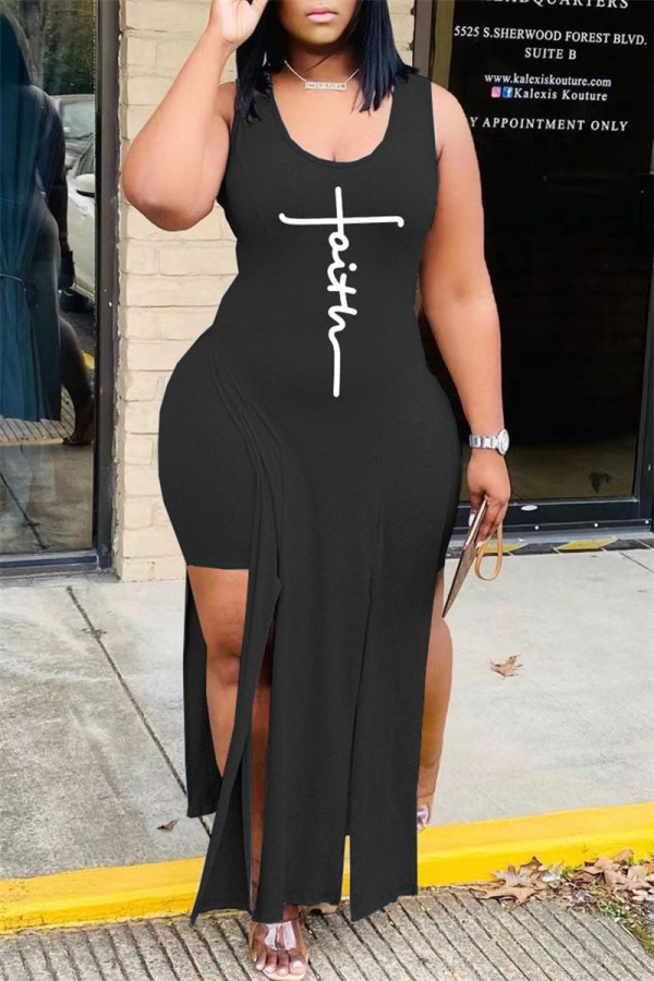 Black Fashion Sexy Print Slit Vests U Neck Sleeveless Two Pieces