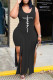 Black Fashion Sexy Print Slit Vests U Neck Sleeveless Two Pieces