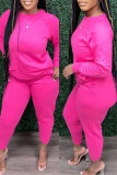 Red Fashion Casual Solid Basic O Neck Long Sleeve Two Pieces