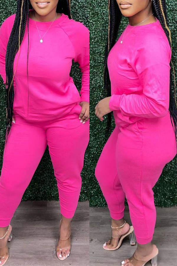 Pink Fashion Casual Solid Basic O Neck Long Sleeve Two Pieces